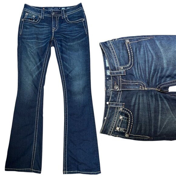 MISS ME DARK WASH WESTERN EMBROIDERED SIGNATURE BOOT CUT JEANS SZ. 28" EUC - Picture 2 of 5